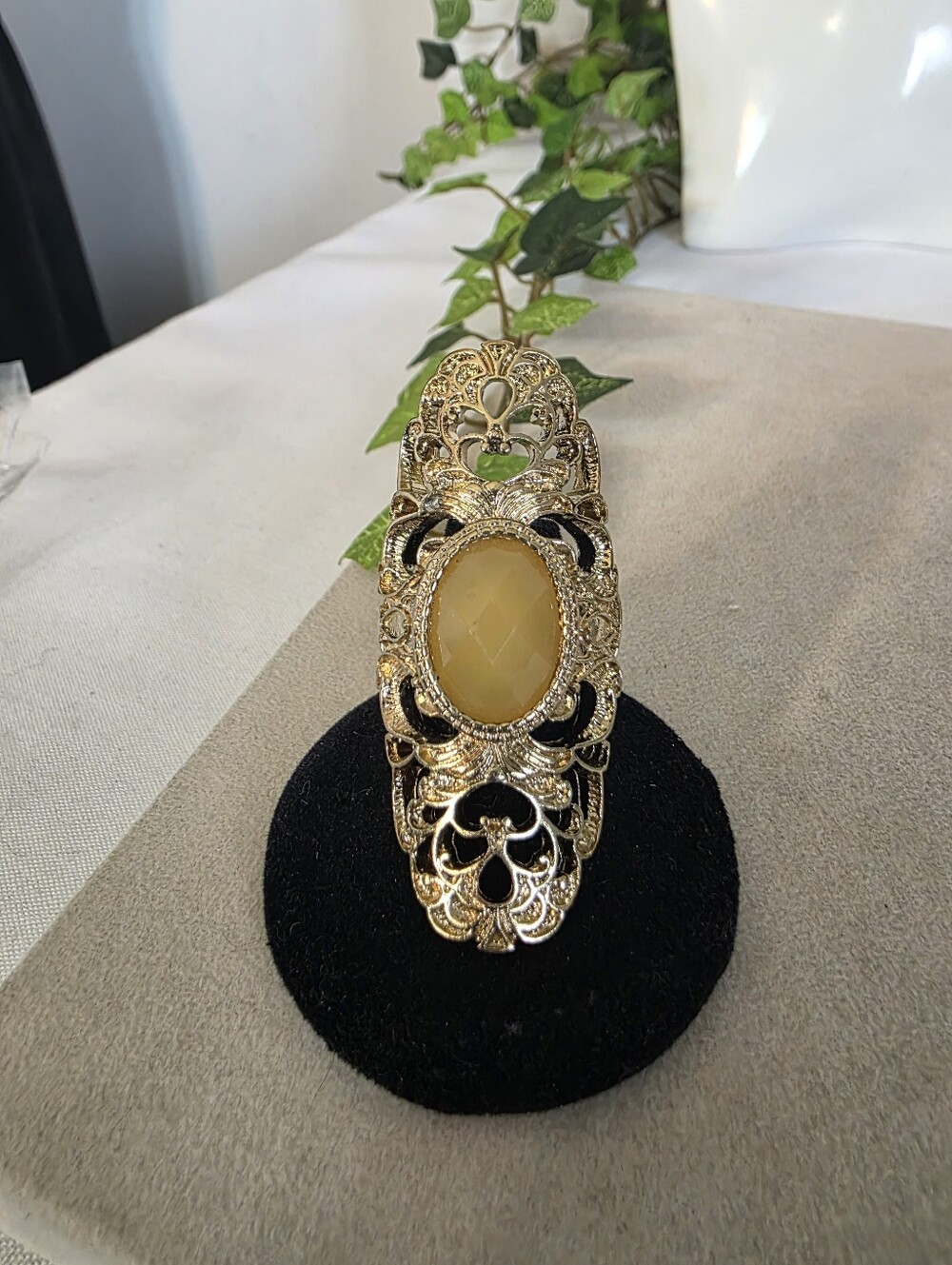 Gold Ornate Filigree Armor Ring Yellow Oval Stone Adjustable Statement